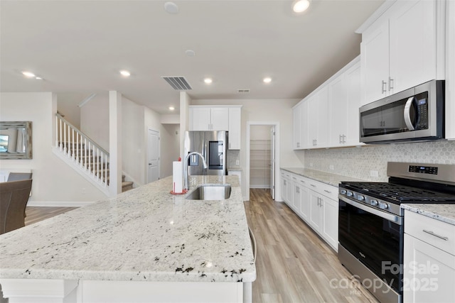 kitchen featuring visible vents, a sink, appliances with stainless steel finishes, light wood-type flooring, and backsplash