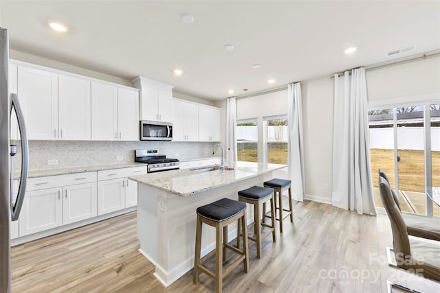 kitchen with visible vents, a sink, appliances with stainless steel finishes, white cabinetry, and backsplash