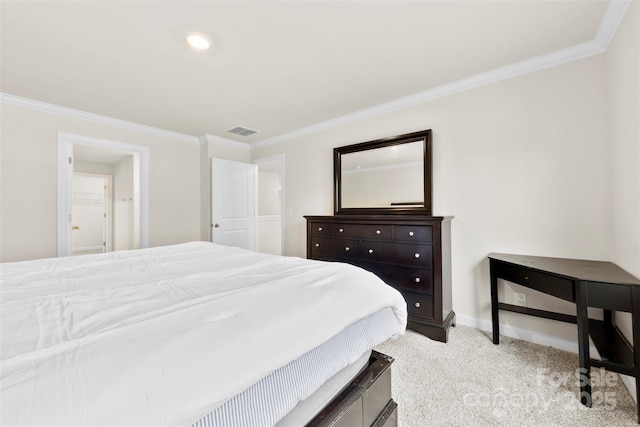 bedroom with visible vents, baseboards, carpet, and crown molding