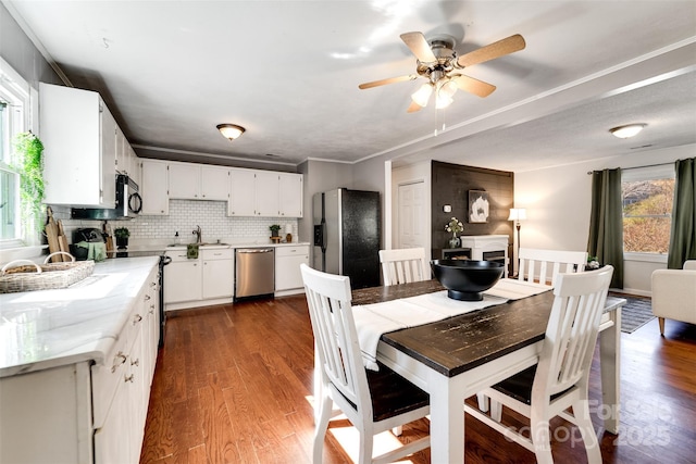 kitchen featuring a sink, tasteful backsplash, white cabinetry, appliances with stainless steel finishes, and dark wood-style flooring