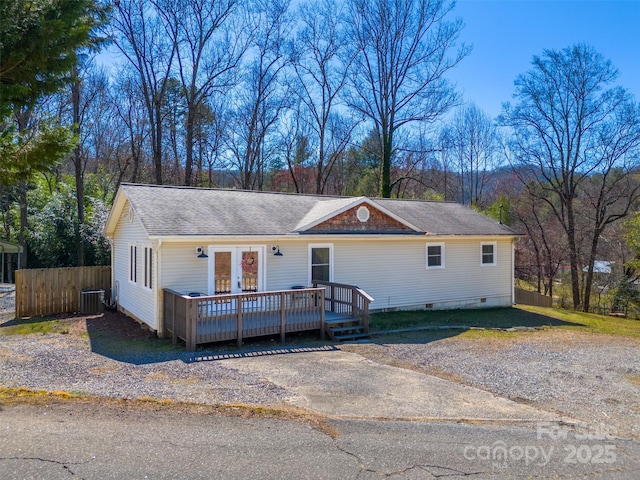 view of front of home featuring fence, a wooden deck, roof with shingles, cooling unit, and crawl space