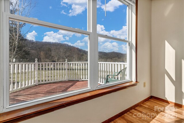 interior space with a view of trees