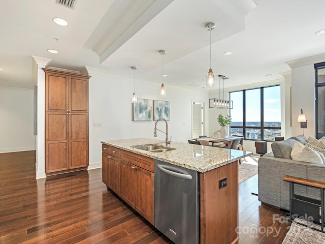 kitchen featuring ornamental molding, a sink, open floor plan, brown cabinetry, and dishwasher