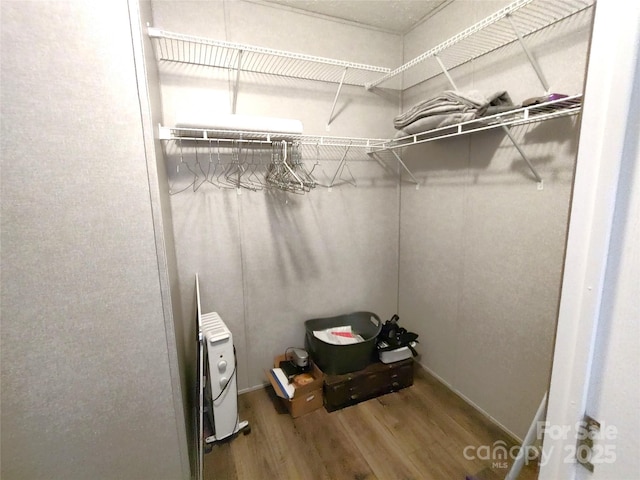 spacious closet featuring wood finished floors and radiator heating unit