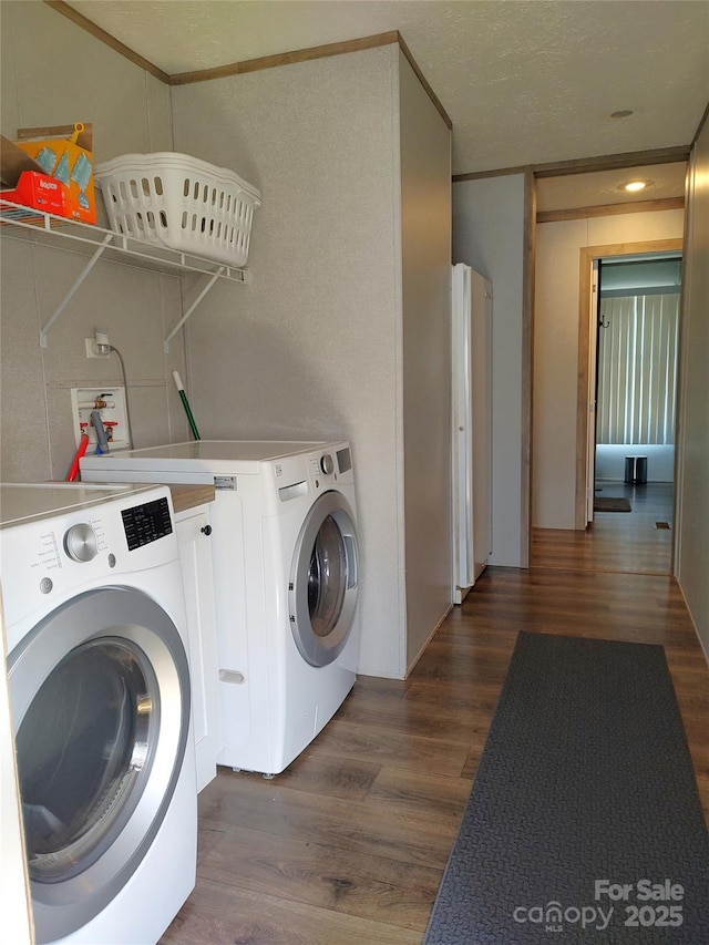 laundry area with laundry area, independent washer and dryer, and dark wood-style flooring