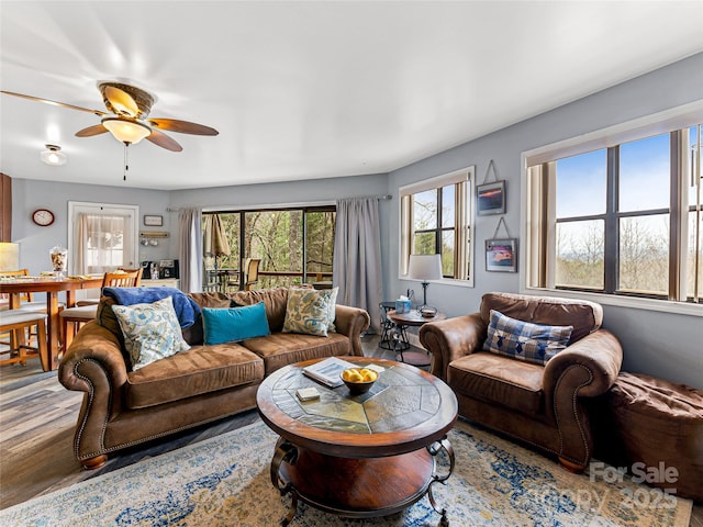 living area with wood finished floors and ceiling fan