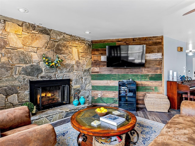 living room featuring a fireplace and wood finished floors