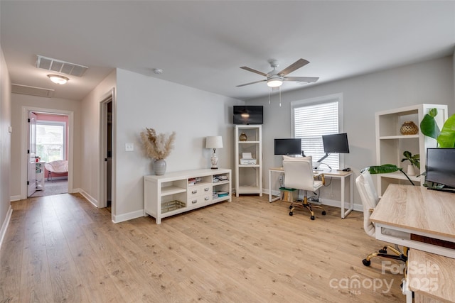 home office featuring hardwood / wood-style floors, plenty of natural light, baseboards, and visible vents