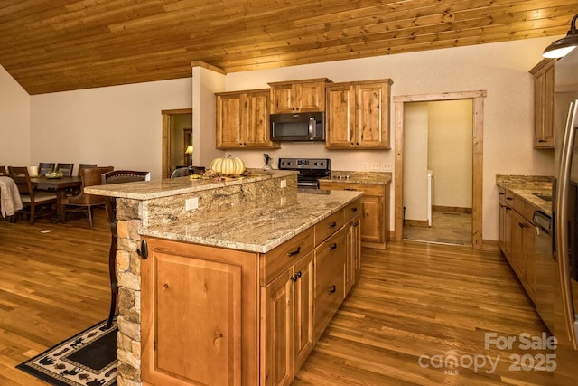 kitchen featuring electric range, wooden ceiling, and dark wood finished floors