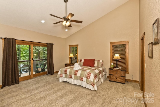 bedroom with high vaulted ceiling, recessed lighting, carpet flooring, baseboards, and ceiling fan