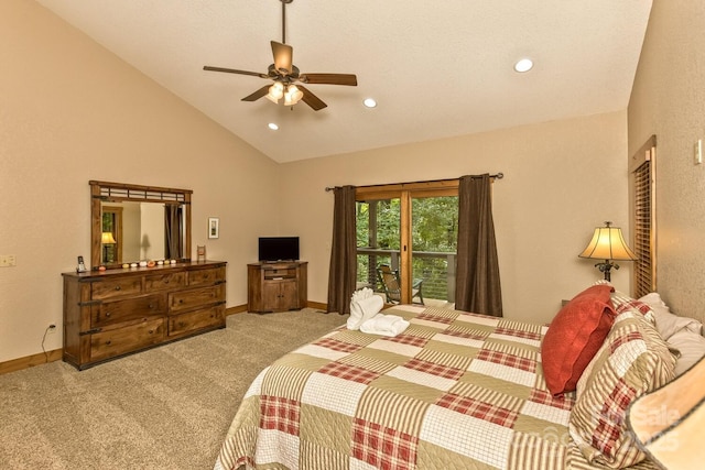 carpeted bedroom with recessed lighting, a ceiling fan, baseboards, and vaulted ceiling