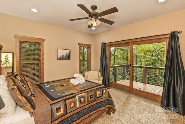 carpeted bedroom with recessed lighting, a textured ceiling, a ceiling fan, and access to outside