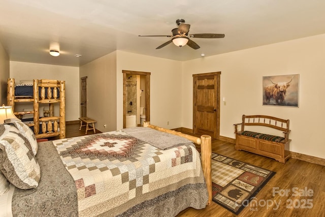 bedroom with connected bathroom, a ceiling fan, baseboards, and wood finished floors