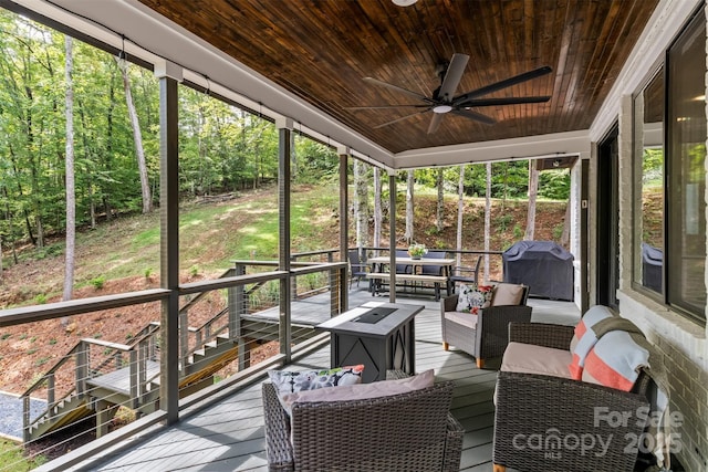 sunroom / solarium with ceiling fan and wooden ceiling