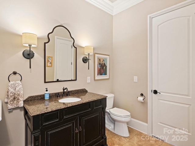 half bathroom with toilet, crown molding, tile patterned flooring, baseboards, and vanity