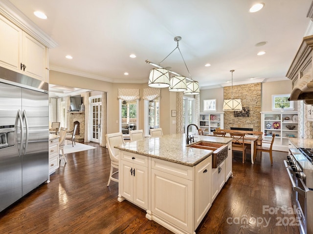 kitchen with light stone counters, high end appliances, a sink, a stone fireplace, and open floor plan