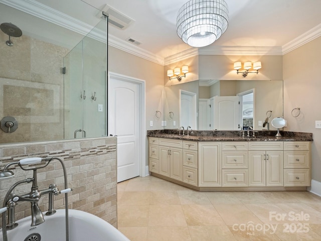 bathroom featuring visible vents, ornamental molding, a sink, a shower stall, and double vanity