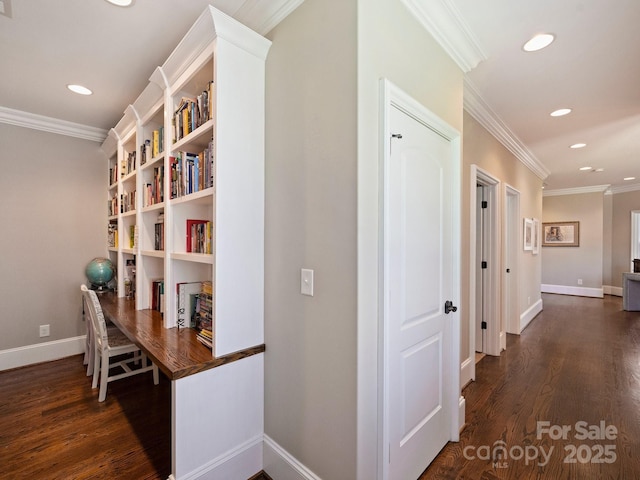 office area featuring recessed lighting, ornamental molding, and dark wood-style flooring