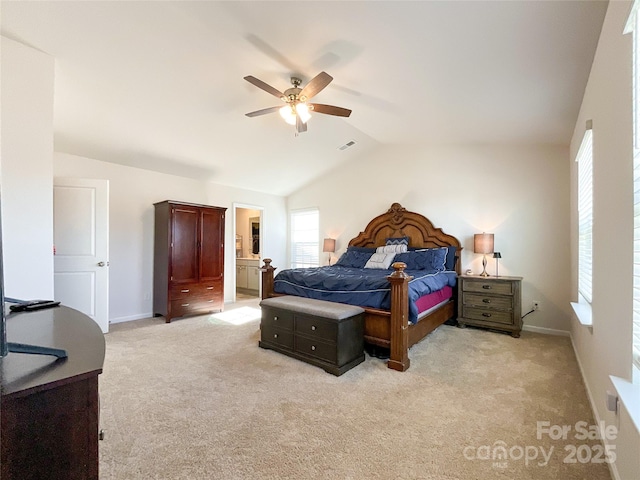 bedroom with a ceiling fan, baseboards, visible vents, vaulted ceiling, and light carpet