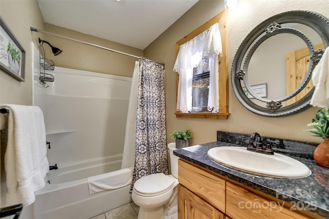 bathroom featuring tile patterned flooring, shower / bath combination with curtain, toilet, and vanity