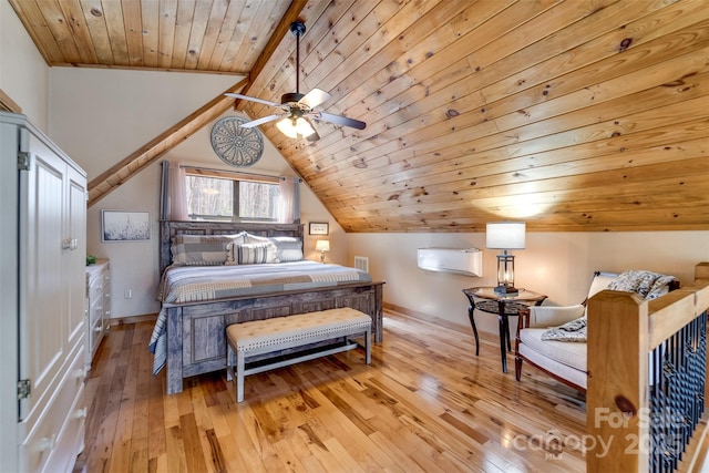 bedroom featuring light wood finished floors, baseboards, wood ceiling, and lofted ceiling