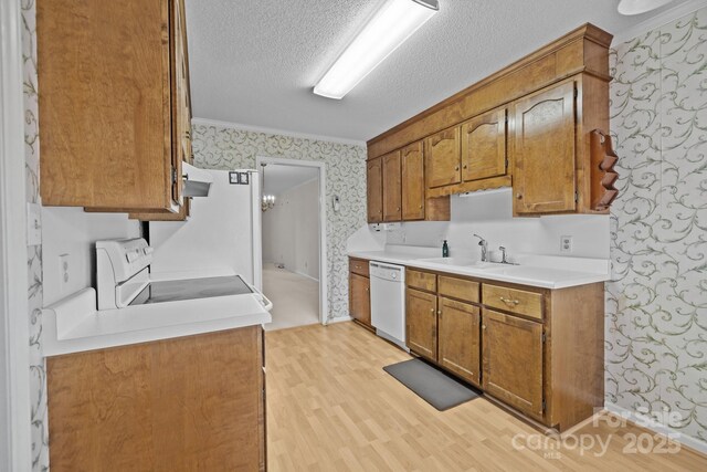 234 Pointe Cir, Rock Hill, SC 29732 - kitchen featuring wallpapered walls, white appliances, light wood finished floors, brown cabinets, and a textured ceiling
