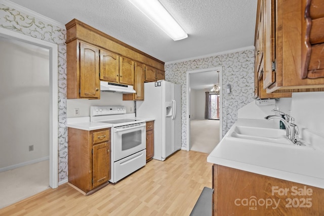 234 Pointe Cir, Rock Hill, SC 29732 - kitchen with white appliances, wallpapered walls, under cabinet range hood, crown molding, and light wood-style floors