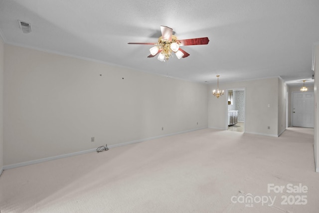 234 Pointe Cir, Rock Hill, SC 29732 - unfurnished living room featuring ceiling fan, light colored carpet, a chandelier, and crown molding