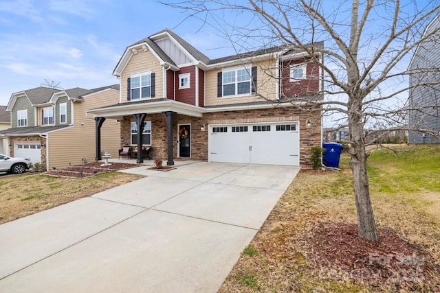 craftsman inspired home with board and batten siding, a porch, concrete driveway, a garage, and stone siding