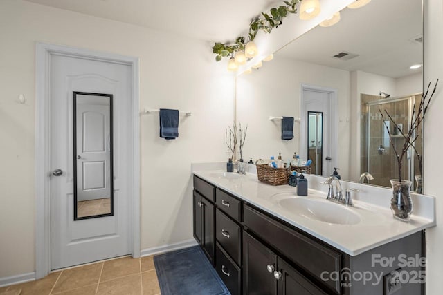 bathroom with visible vents, a sink, a shower stall, tile patterned flooring, and double vanity