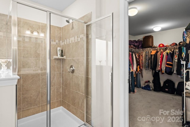 bathroom featuring a spacious closet and a shower stall