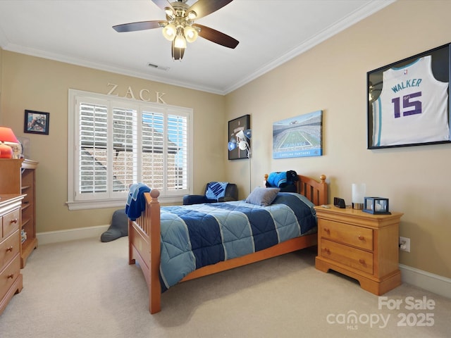 bedroom with visible vents, a ceiling fan, crown molding, baseboards, and light colored carpet