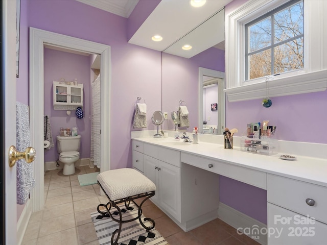 bathroom with tile patterned floors, recessed lighting, toilet, and vanity