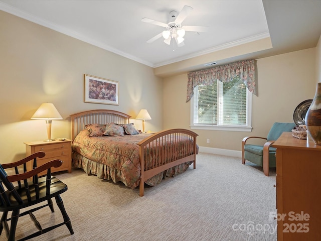 bedroom with ceiling fan, light colored carpet, baseboards, and ornamental molding