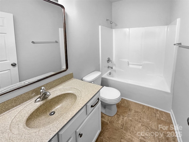 bathroom featuring shower / tub combination, toilet, and vanity