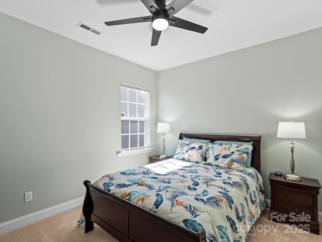 bedroom featuring ceiling fan, carpet, visible vents, and baseboards