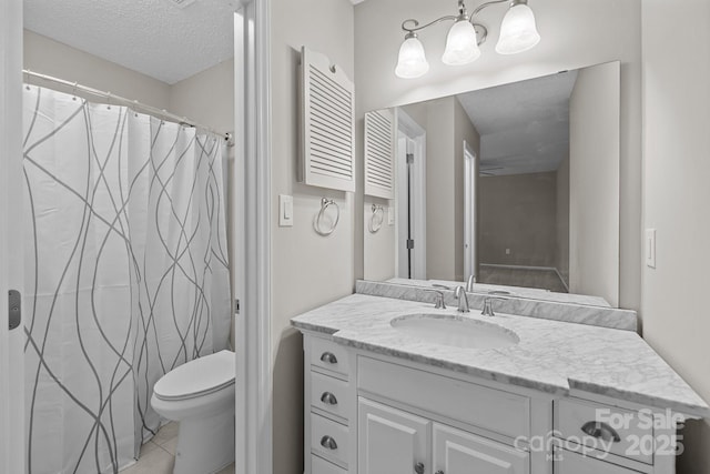 full bathroom with a shower with curtain, toilet, a textured ceiling, tile patterned flooring, and vanity