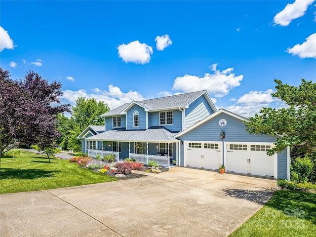 view of front of house with a shingled roof, a front lawn, concrete driveway, covered porch, and a garage