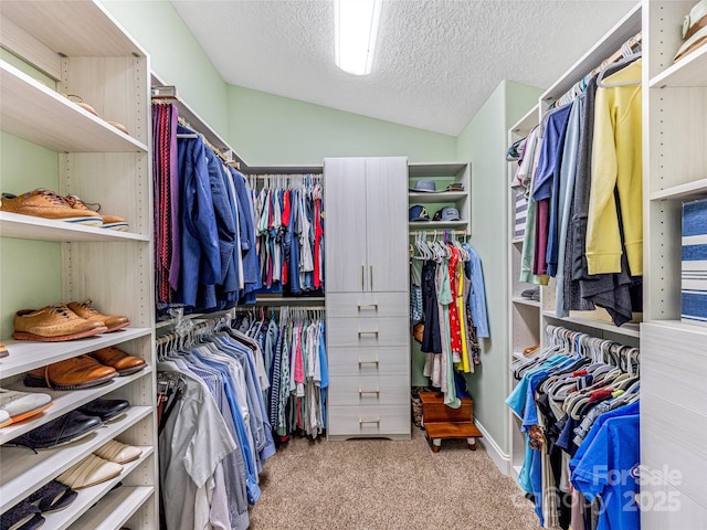 walk in closet featuring vaulted ceiling and carpet flooring