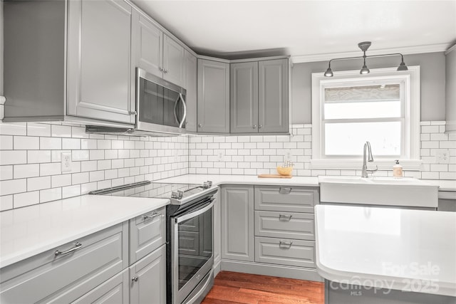 kitchen featuring a sink, stainless steel appliances, gray cabinetry, and light countertops