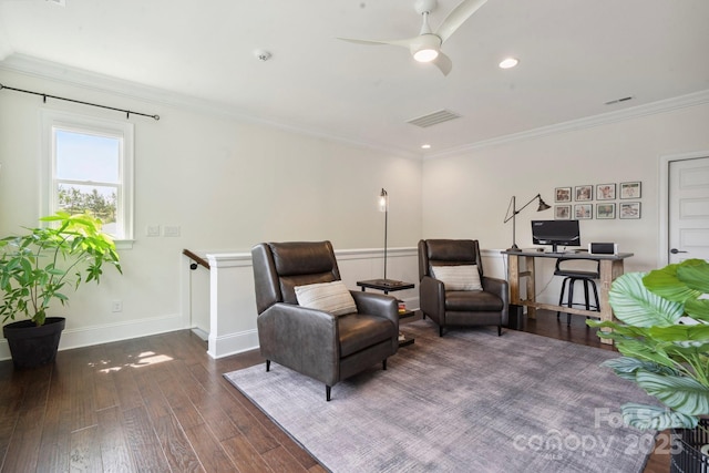 4922 Looking Glass Trl, Denver, NC 28037 - sitting room featuring hardwood / wood-style flooring, ceiling fan, crown molding, an office area, and recessed lighting