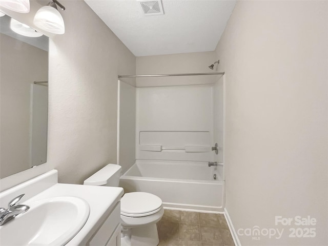 full bath featuring visible vents, toilet, shower / washtub combination, and vanity