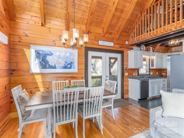 dining room featuring a notable chandelier, dark wood-style flooring, and lofted ceiling with beams