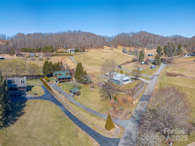 bird's eye view featuring a wooded view