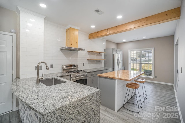 kitchen featuring visible vents, a kitchen bar, a sink, open shelves, and appliances with stainless steel finishes