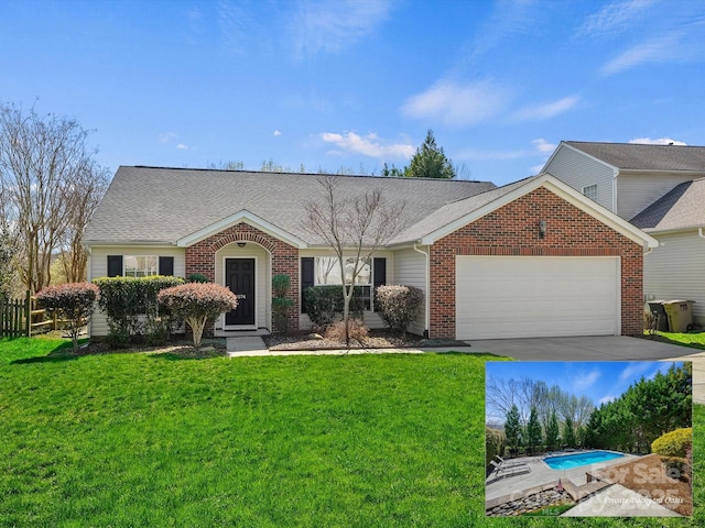 ranch-style home featuring brick siding, an attached garage, a front lawn, and roof with shingles