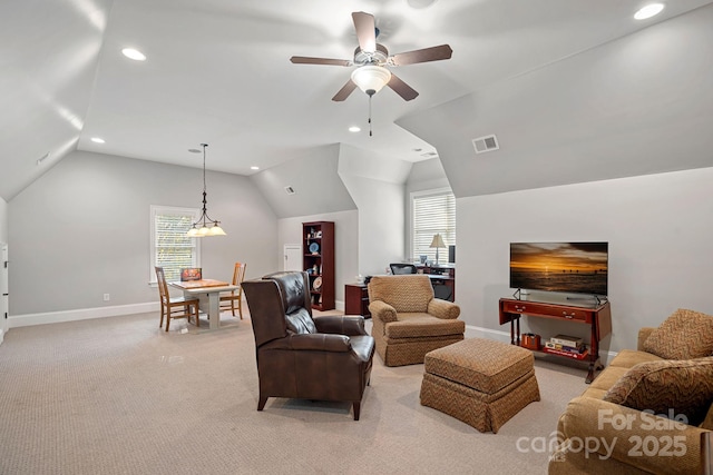 living room featuring visible vents, light carpet, recessed lighting, baseboards, and vaulted ceiling