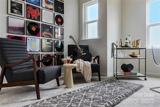 living area with baseboards and carpet