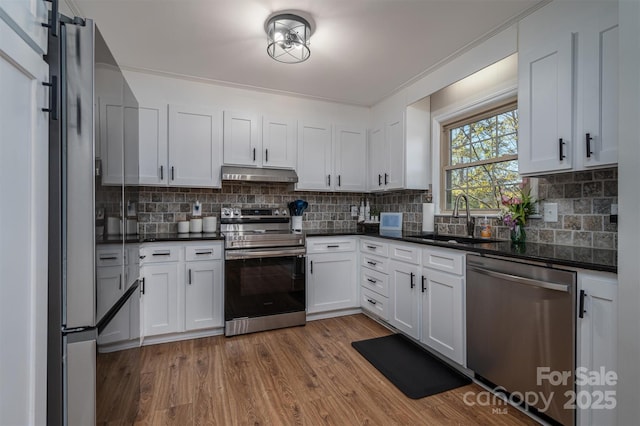 kitchen with under cabinet range hood, a sink, backsplash, wood finished floors, and appliances with stainless steel finishes