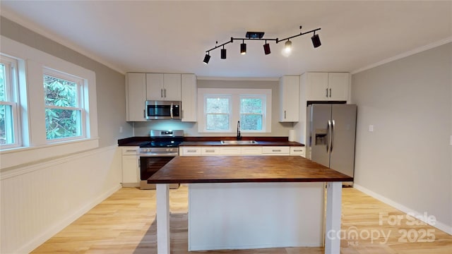 kitchen with butcher block countertops, appliances with stainless steel finishes, a wealth of natural light, and a sink